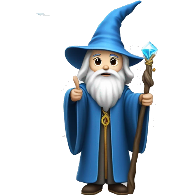 full-body emoji of a wizard.wizard is wearing a classic, long blue robe adorned with silver stars and a matching pointed hat.  long white beard holding a magical staff topped with a glowing crystal. emoji