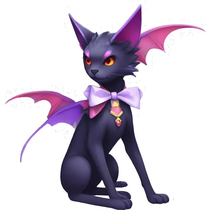 cool kawaii black purple red ethereal fantasy beautiful elegant nargacuga-Noivern-cat-Fakemon collar harness bow tie and bracers full body emoji