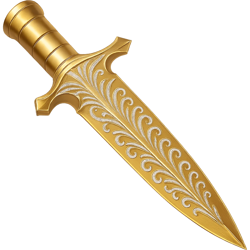 Recolor this weapon to a plated gold color with ornate engravings inlaid with silver. The gold should be rich and metallic, and the engravings should have a bright, reflective silver finish. Transparent background. emoji