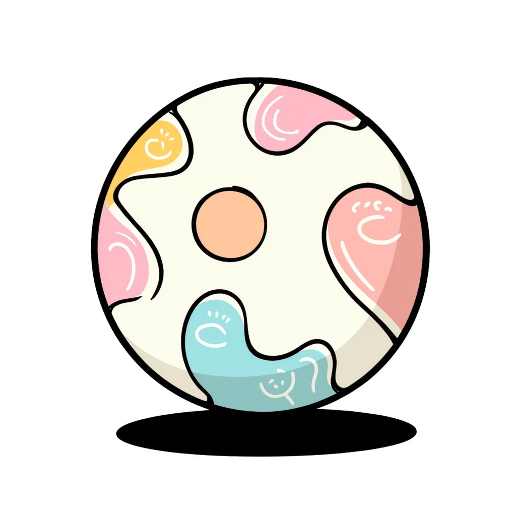 A colorful children's toy ball with patterns in pastel colors (dd9fb0, ffc6d3, a3bfc9, c4bee2, f1b091), hand-drawn doodle style emoji