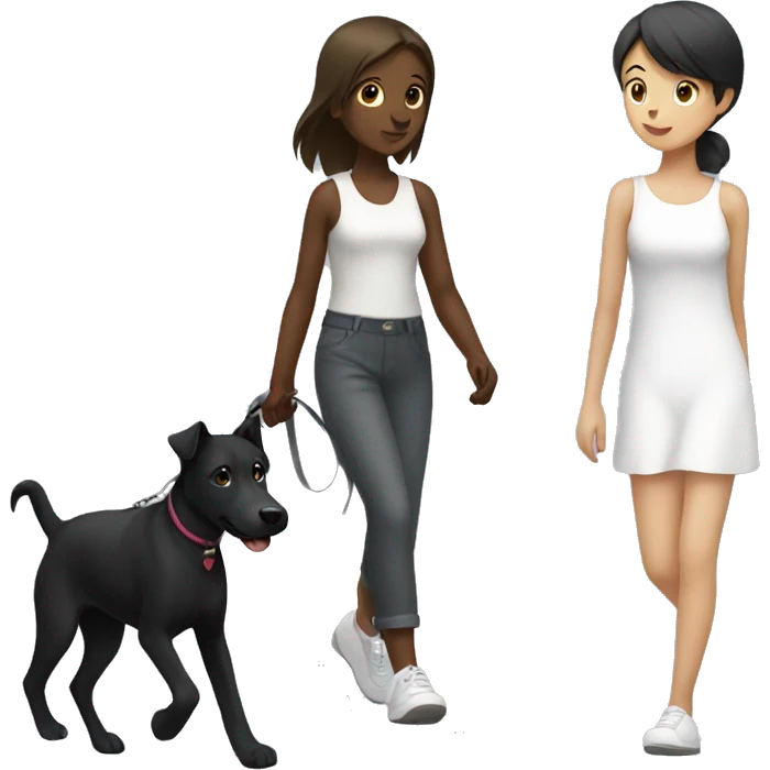 Girl walk with a black dog with white Chest emoji