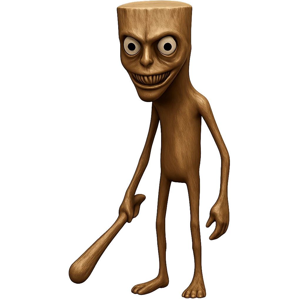 Make the stump character skinnier and taller, and make the face more creepy like the original image. Keep the transparent background and maintain a high-fidelity style. emoji