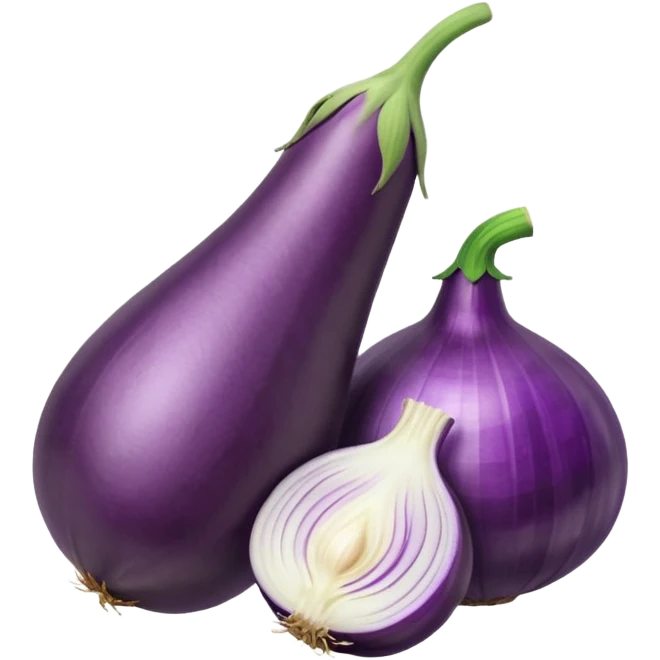 Eggplant beside onion and garlic emoji