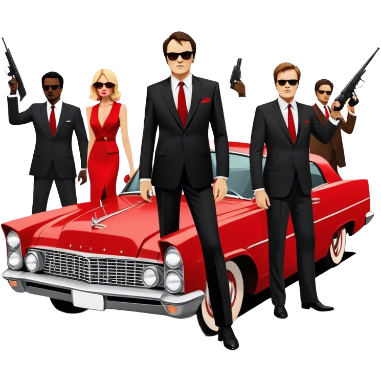 Icon for Movie: A stylish, cinematic poster design inspired by Quentin Tarantino's film. Feature silhouettes of characters in suits with sunglasses, dramatic lighting, a bullet-riddled car, and the color red symbolizing chaos. Bold, vintage style with sharp contrasts. Transparent background. emoji