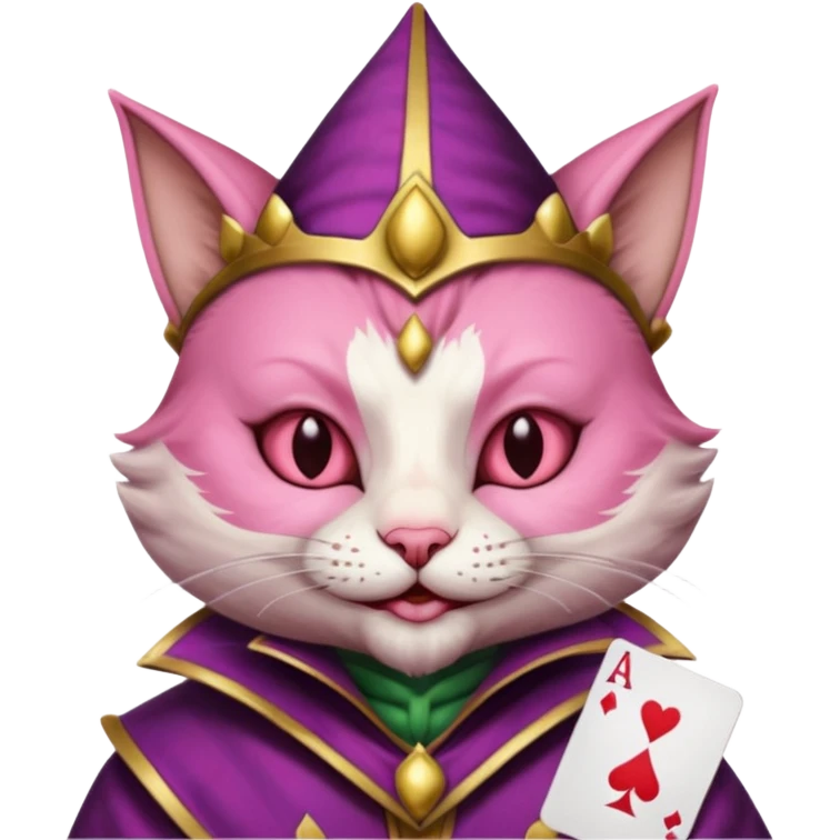 court jester cat medieval, single poker card joker clearly visible, pink, face only emoji