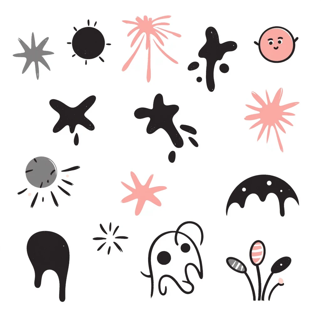 Colorful paint splatters, drips, and splashes in various shapes. Using specific pastel colors (dd9fb0, ffc6d3, a3bfc9, c4bee2, f1b091). Hand-drawn doodle style with playful, artistic splatter patterns. Transparent background. emoji