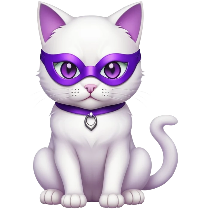 white cat sitting wearing a mask full body with purple eyes emoji