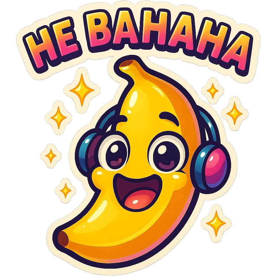 Funny cartoon banana, big happy smiling face, wearing tiny headphones, wide excited eyes, tiny sparkles around, text above: "НЕ БАНАНА ", chibi style, Twitch emoji style, colorful, transparent background emoji