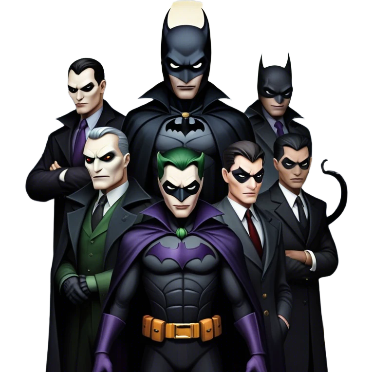 Icon for Thriller Movies: A large, dramatic collage featuring sinister villains in dark clothing. The background shows the gloomy cityscape of Gotham, with dim lighting and eerie shadows. The atmosphere should be tense, mysterious, and suspenseful. Transparent background. emoji
