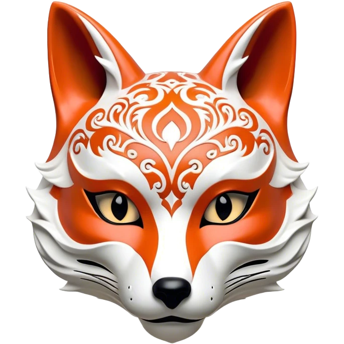 ​Cinematic Realistic Japanese Kitsune Mask, depicted as an intricately carved fox mask with flowing, delicate features and vivid traditional patterns, its mysterious eyes set against a softly blurred background that emphasizes its mystical allure and cultural significance, rendered with detailed textures and refined lighting, emoji