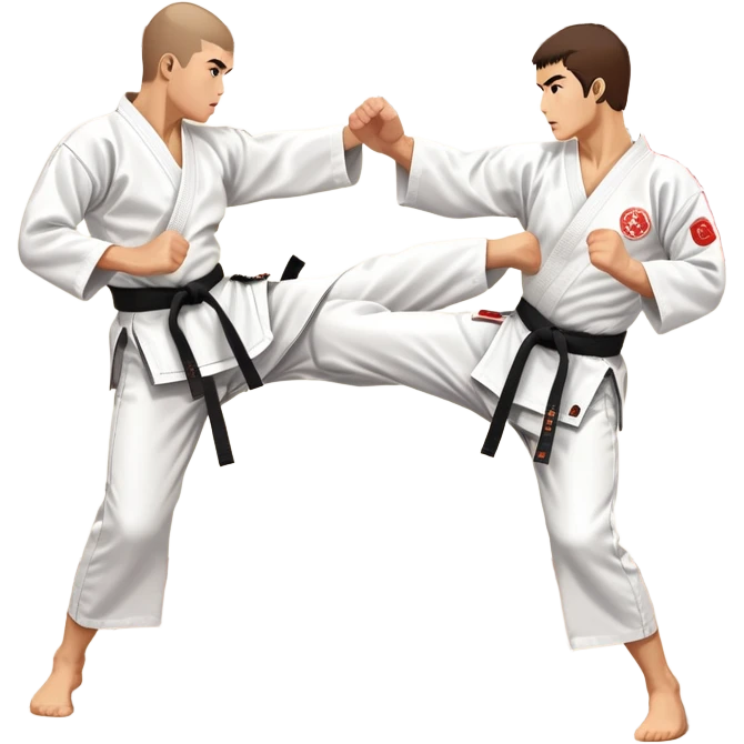 Two karate fighters in traditional gi sparring. One executes a high kick aimed at the opponent’s head, while the other blocks with a strong hand defense. The background features a classic dojo with wooden flooring and banners. Dynamic motion and focused expressions. Transparent background. emoji