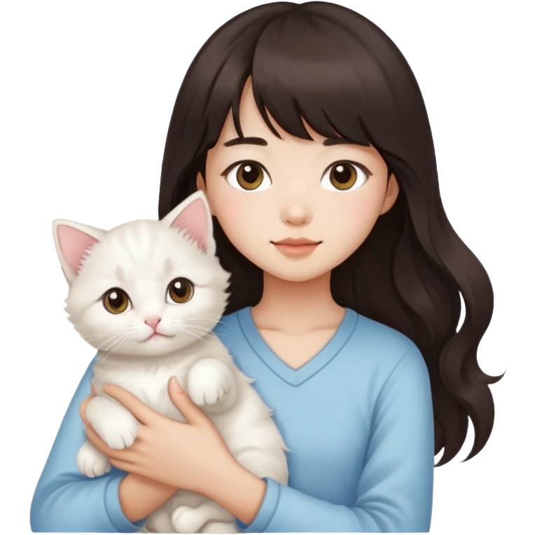 Asain girl with long wavy dark brown hair and bangs carrying a white kitten  emoji