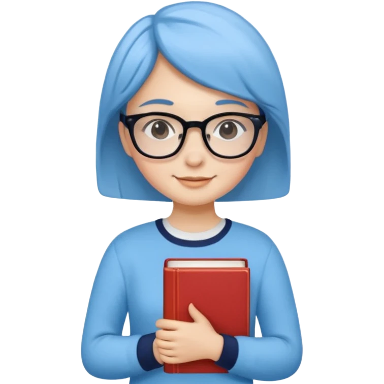 A smart and cute girl with short hair, wearing sky blue clothes,
I hold a book in one arm. There is a pen in the book.
He is wearing black-rimmed glasses and smiling brightly. emoji