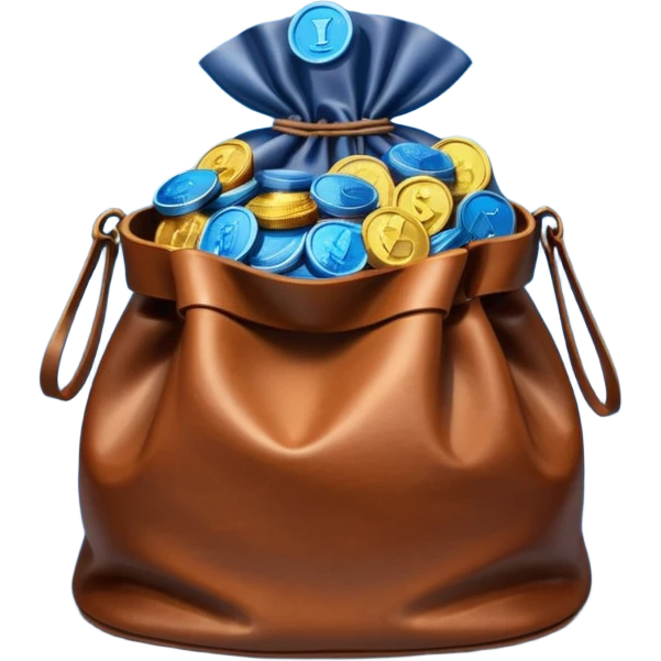 leather bag on top of blue coins stack emoji