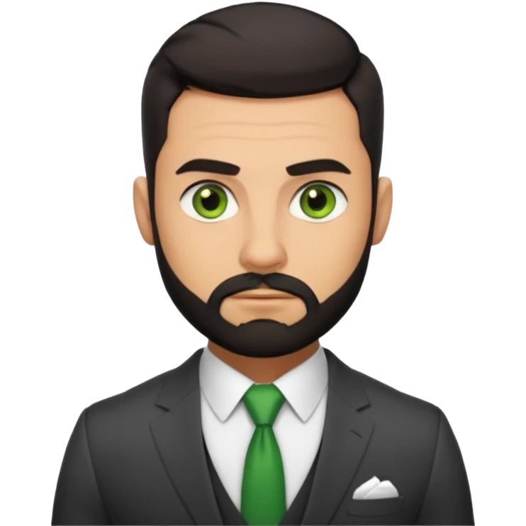 green eyes, dark short hair, muscular shoulders, big lips big nose big eyes, masculine good looking, dark beard wearing a suit buttons of the shirt open and olive skin tone  emoji