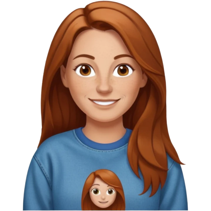 A 38 year old white woman with long brown hair parted in the middle. She has a nose ring. She has freckles and is wearing a sweatshirt and jeans smiling emoji