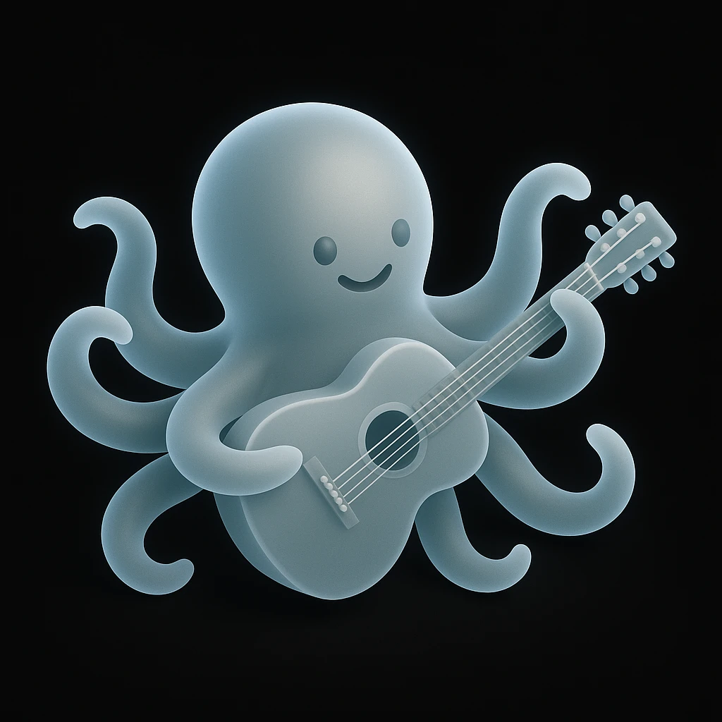 happy octopus with multiple arms playing guitar emoji
