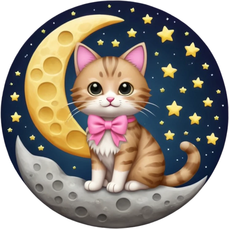 tabby cat with pink bow on the moon emoji