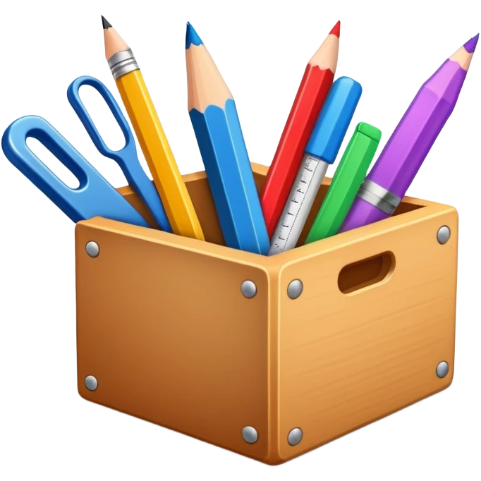 small box of teaching supplies with a pencil, ruler, and markers sticking out emoji