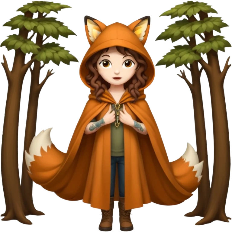 full body woman long curly brown hair brown eyes white skin tattoos wearing fox ear hat and open forest cloak, confident stance emoji