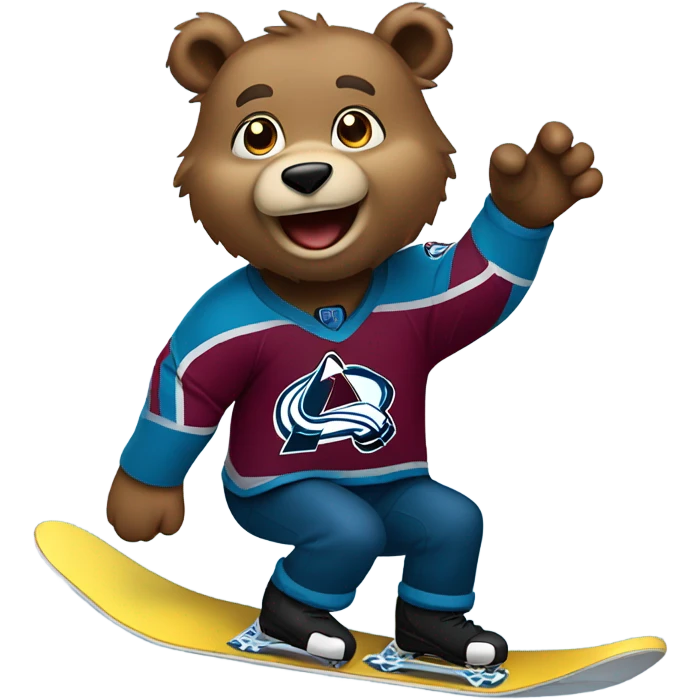 Bear on a snowboard in Colorado avalanche jersey doing tricks emoji