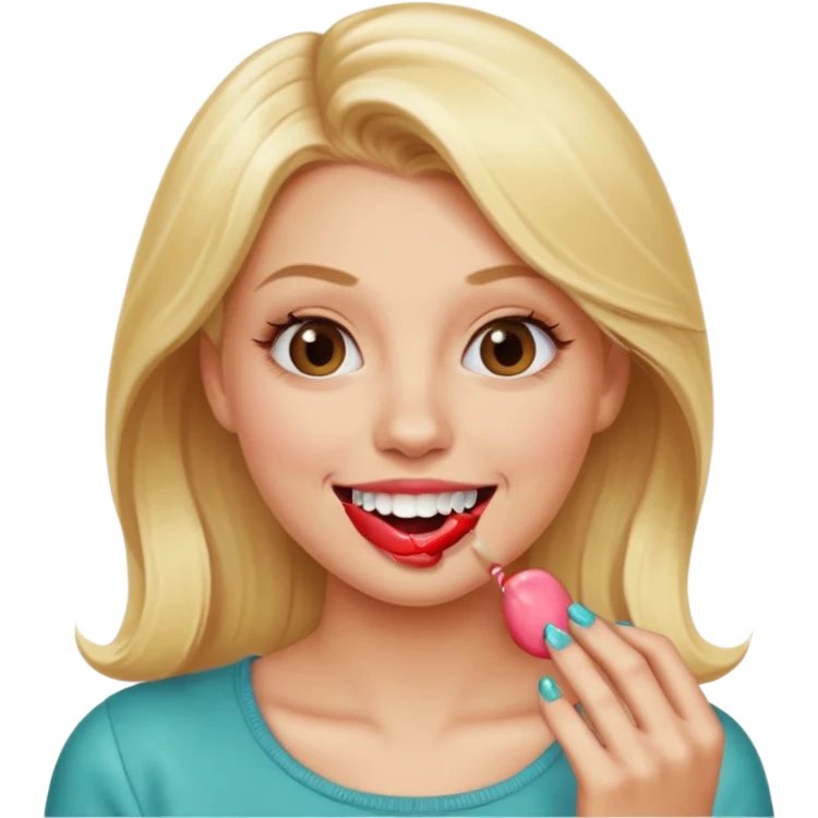 Elle fais une peu petasse, elle se mord le coin la lèvres. Elle est blonde. Ongles vernis marrons. Elle mâche un chewing-gum  emoji