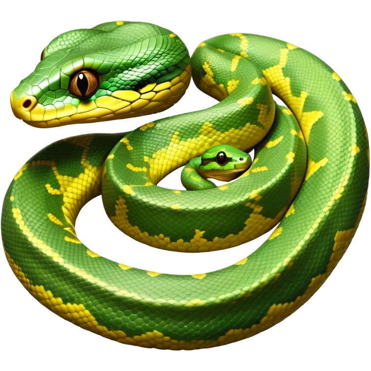 cinematic-green tree python-realistic-full-body-coiled-emoji,-thick-scaled-body-looped-tightly,-intricate-brown-and-gold-patterned-scales-reflecting-light,-head-tilted-dramatically,-slitted-eyes-staring-calmly,-simplified-yet-realistic-focused-feature emoji