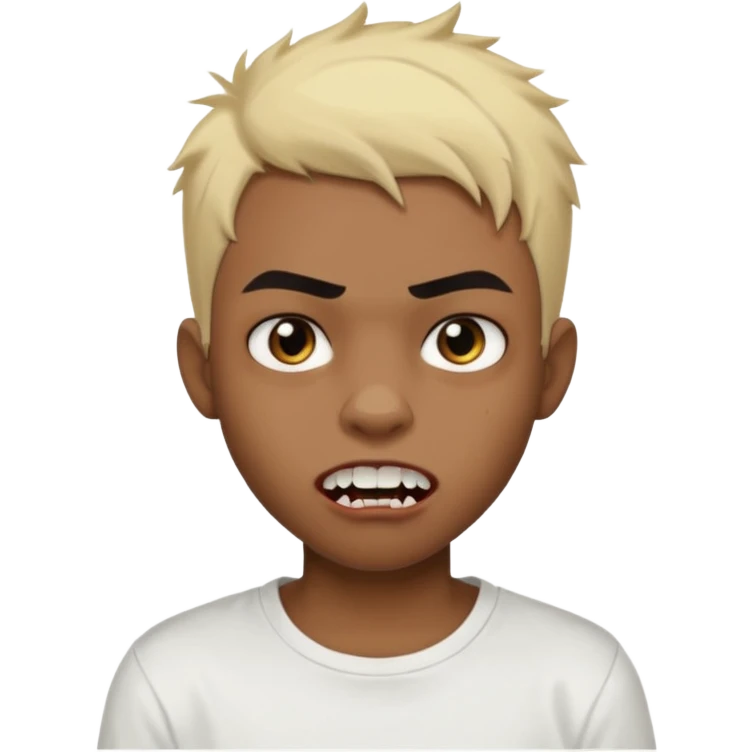 Black Male Teenager with Short punk messy blonde hair, Dark brown bushy eyebrows large expressive golden-brown eyes, wearing a plain white t-shirt, Dark Brown skin color. vampire tooth emoji