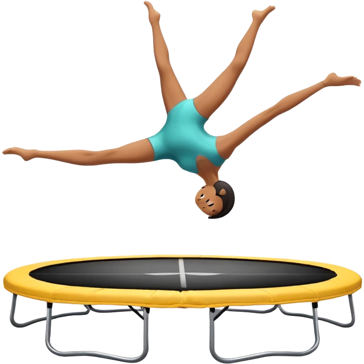 An athletic person soaring high above a trampoline, executing an acrobatic flip with perfect form. The scene captures motion and energy, with a dynamic pose, stretched limbs, and a focused expression. The background suggests a professional trampoline arena with safety padding. emoji