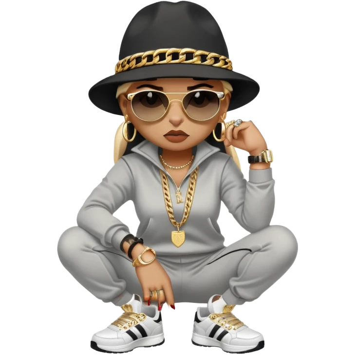 female cat wearing Run DMC hip-hop outfit with tracksuit, fedora, Adidas sneakers, dark sunglasses, many gold chains, rings, bracelets, flashy earrings, fallen down with worried expression emoji