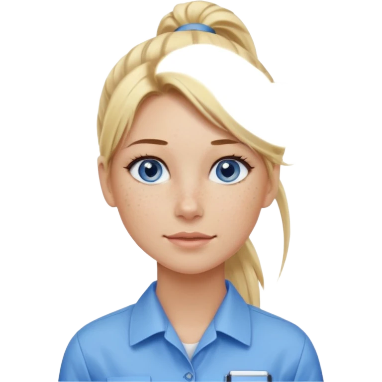 Just a head, blonde hair with lowlights in a ponytail, blue eyes, some freckles, a little older female ready to get some tasks done at work emoji