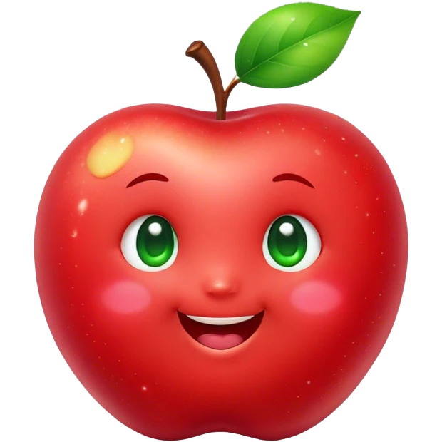 Cute Kawaii Apple, round and plump, bright shiny red with a tiny green leaf, chubby cheeks, sparkling eyes, a happy smile, soft glowing highlights, radiating fresh sweetness! emoji