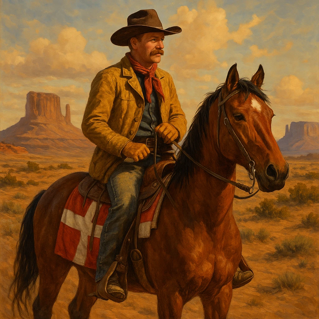 Danish cowboy riding a horse with Danish flag on the saddle in a western landscape emoji