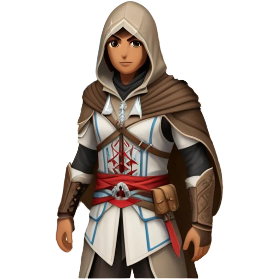icon featuring Assasin's Creed in an iconic assassin's hood, standing tall against the backdrop of Florence. The design captures the essence of adventure, with intricate details of historical architecture and a sense of mystery. The character is poised, ready for action. transparent background. emoji