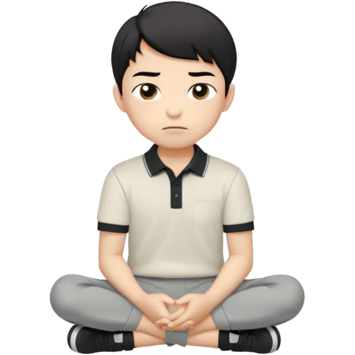 A cartoon young Asian boy with short black hair, light beige skin, and large expressive eyes, wearing a white polo shirt, gray pants, and black shoes. He sits cross-legged on the ground, one fist resting on his cheek, with a closed-mouth smirk. Clean lines, flat colors, solid black background. emoji