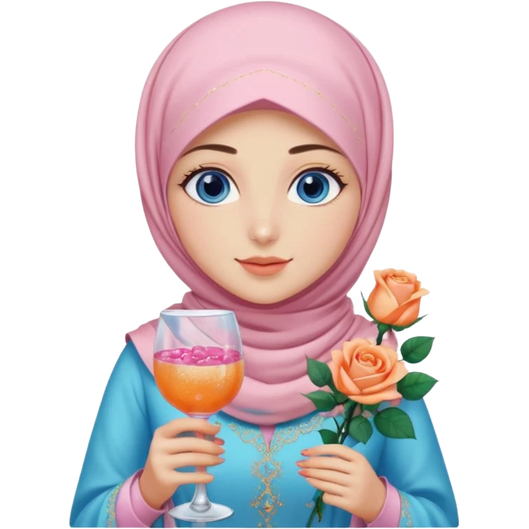 Turkish beautiful finish Konya girl blue eyes with light pink hijab islamic dress and had on her hand Glittery rose mocktail with orange light pink roses emoji