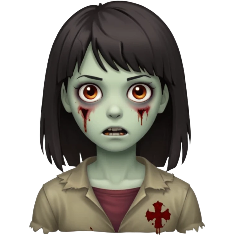  iPhone emoji is a zombie girl with dark hair long below her shoulders bangs and a ragged haircut gray eyes emoji