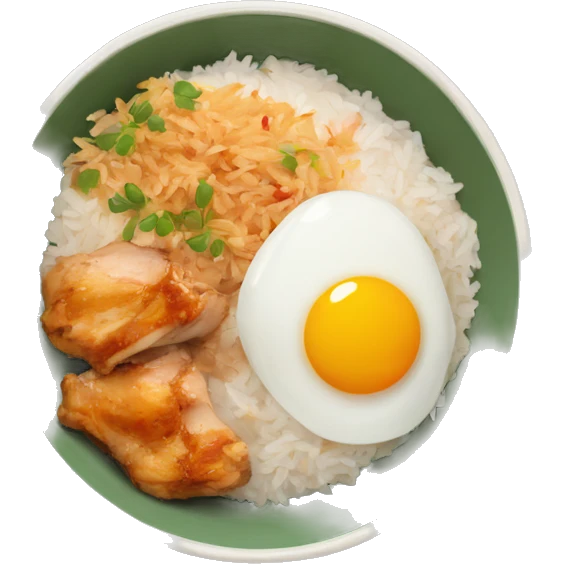 a bowl of rice with two eggs and chicken thigh upright emoji