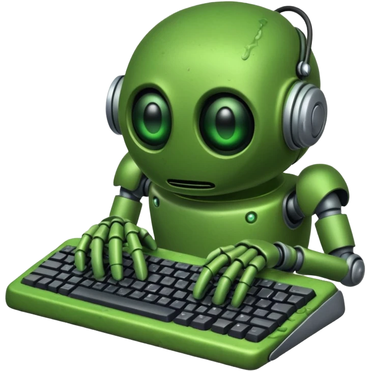 An emoji of a green robot melting away covered in thick green sludge sad and depressed, crawling out of a keyboard.  emoji