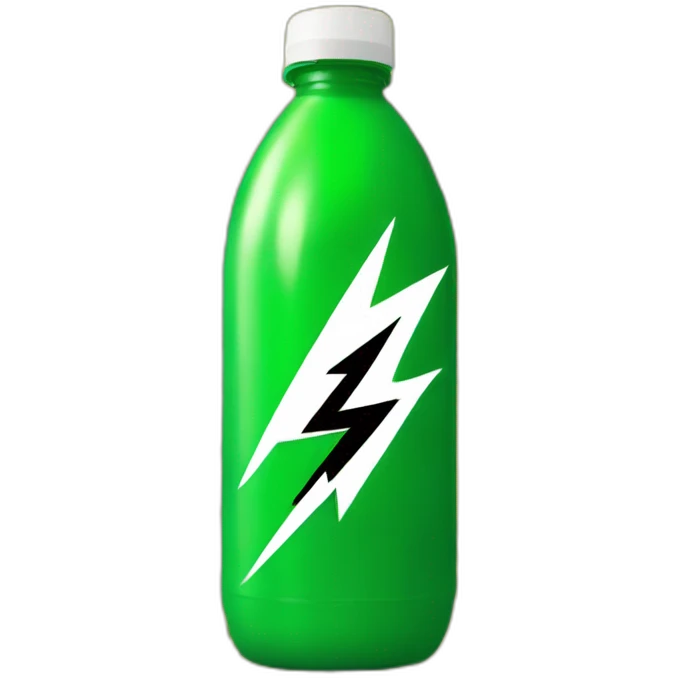 A green plastic bottle with a black label on top, on the black label a yellow and black mullioned lightning bolt collides and turns white  emoji