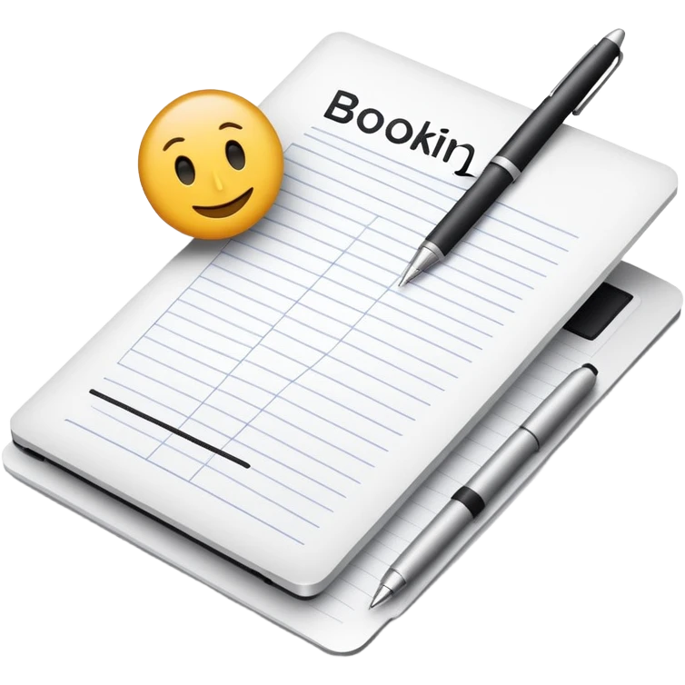 online booking system on MacBook screen beside a classic paper notebook and pen emoji