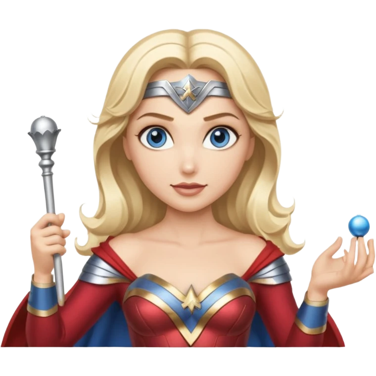 Blonde blue eyed Wonder Woman holding white orchestra conductor’s baton and bell emoji