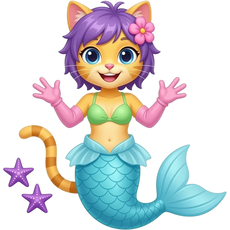 femboy yellow furry  cat  happy light blue  mermaid tail  and long light pink gloves light green swimsuit  with two purple starfish pink flower with purple hair emoji
