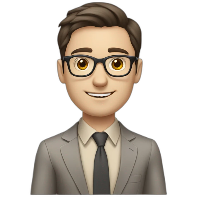 Pale skinned fit man with dark brown hair in gray jacket, beige office shirt, brown tie, brown pants and vintage glasses Writing text on the flipchart emoji