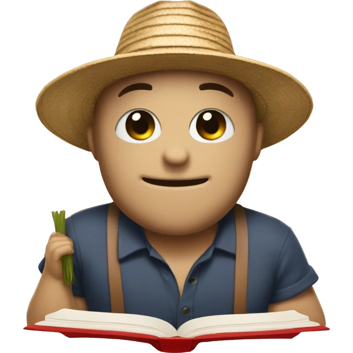read book adn wearing a straw Hat with a red list emoji