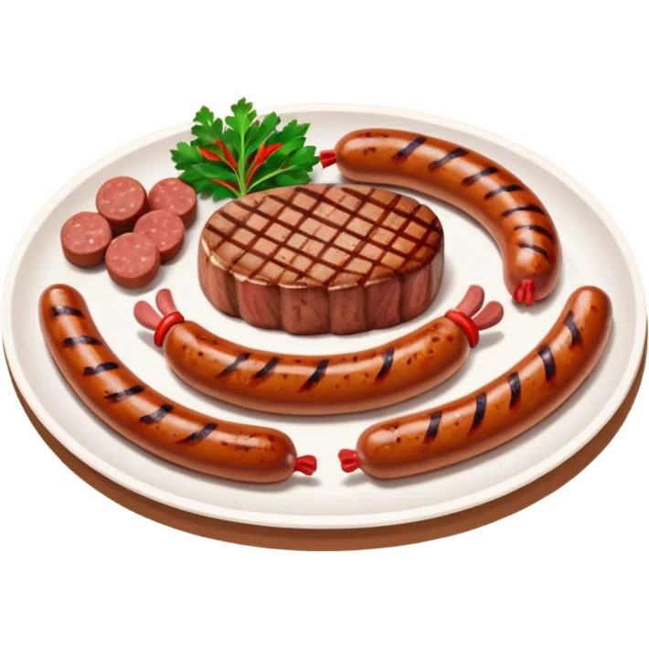 Meat dishes avatar in clean emoji-style illustration. Steak, roasted meat, and sausages, rich brown and red tones, simple shapes, flat design, hearty and appetizing. emoji