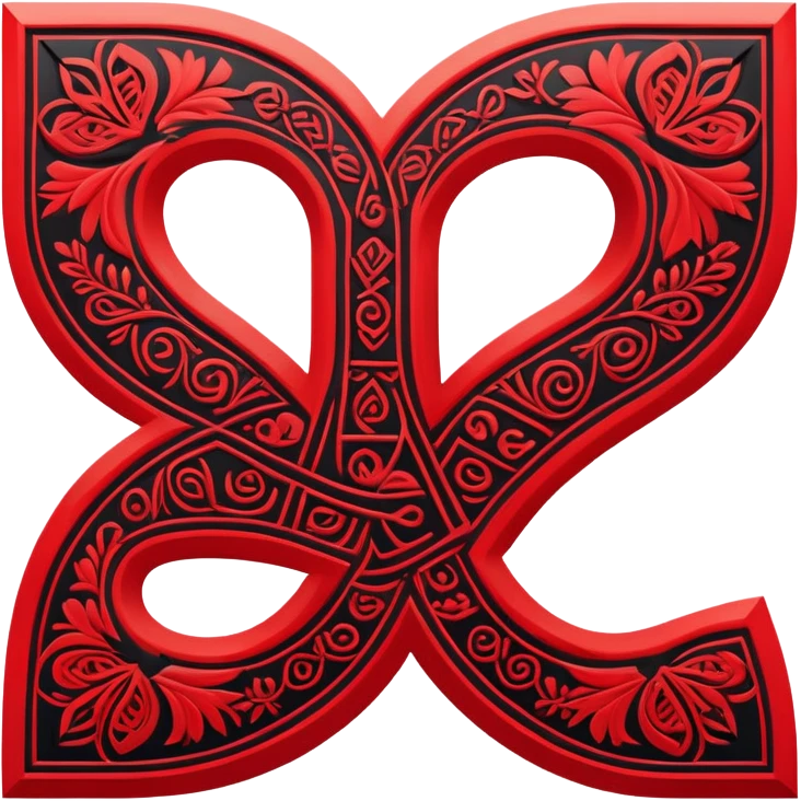 Russian ruble currency symbol (₽) decorated with traditional Udmurt folk patterns, geometric ornaments in red and black colors, symmetrical design emoji