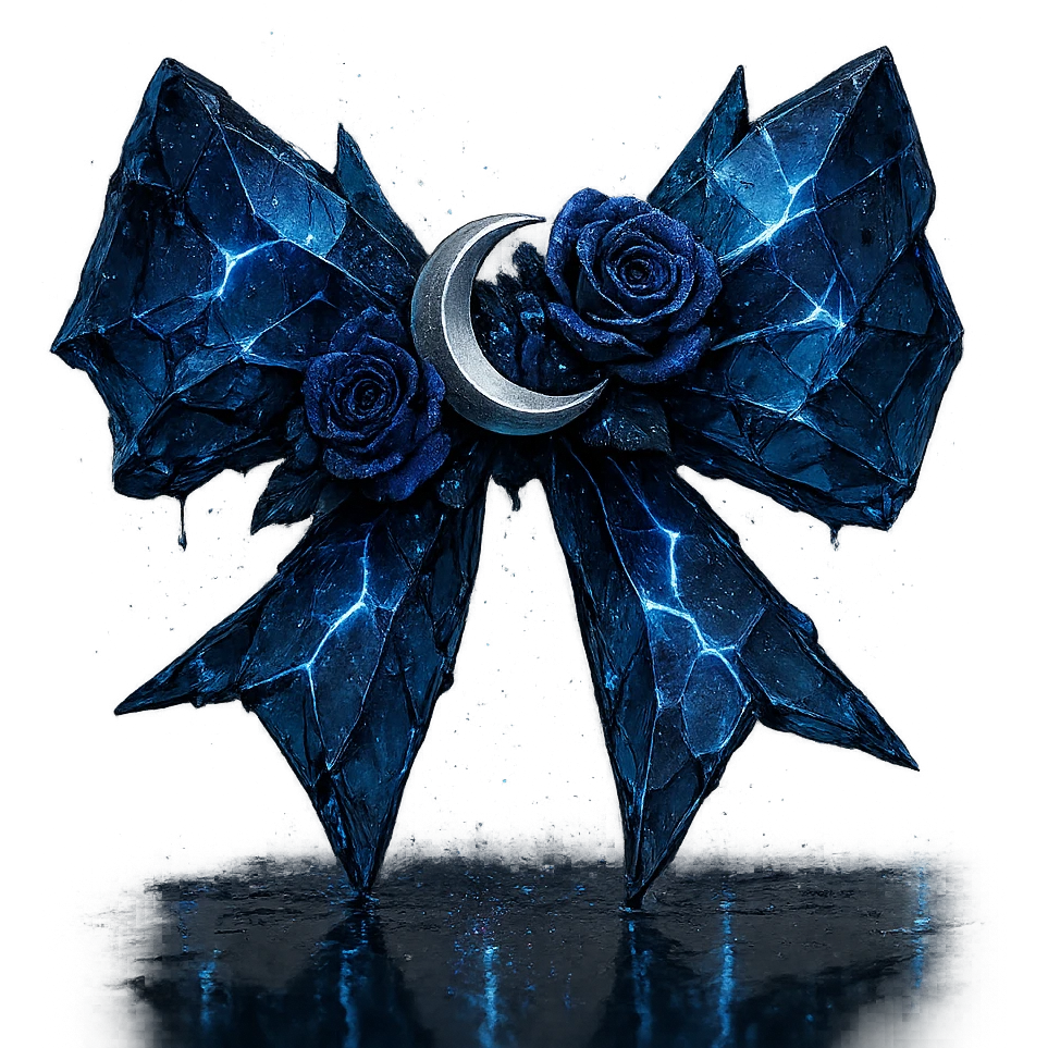 gothic bow formed from splintered deep blue glass, embellished with a silver crescent moon, midnight blue roses, sparkling holographic stardust, neon lightning, wet reflective surface emoji