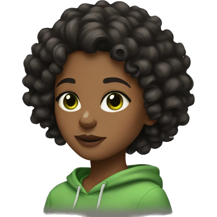 A brown skin girl, curly black hair, black hoodie, green eyes emoji