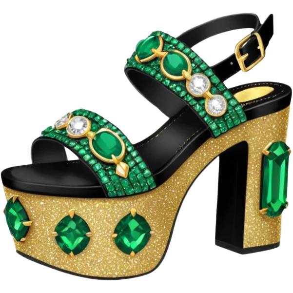 realistic ultra detailed black platform sandals with emerald green and gold sparkly rhinestone  emoji
